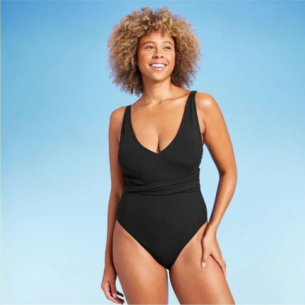 NWT Shade & Shore Women's Plunge One Piece Swimsuit Ribbed Black sz M